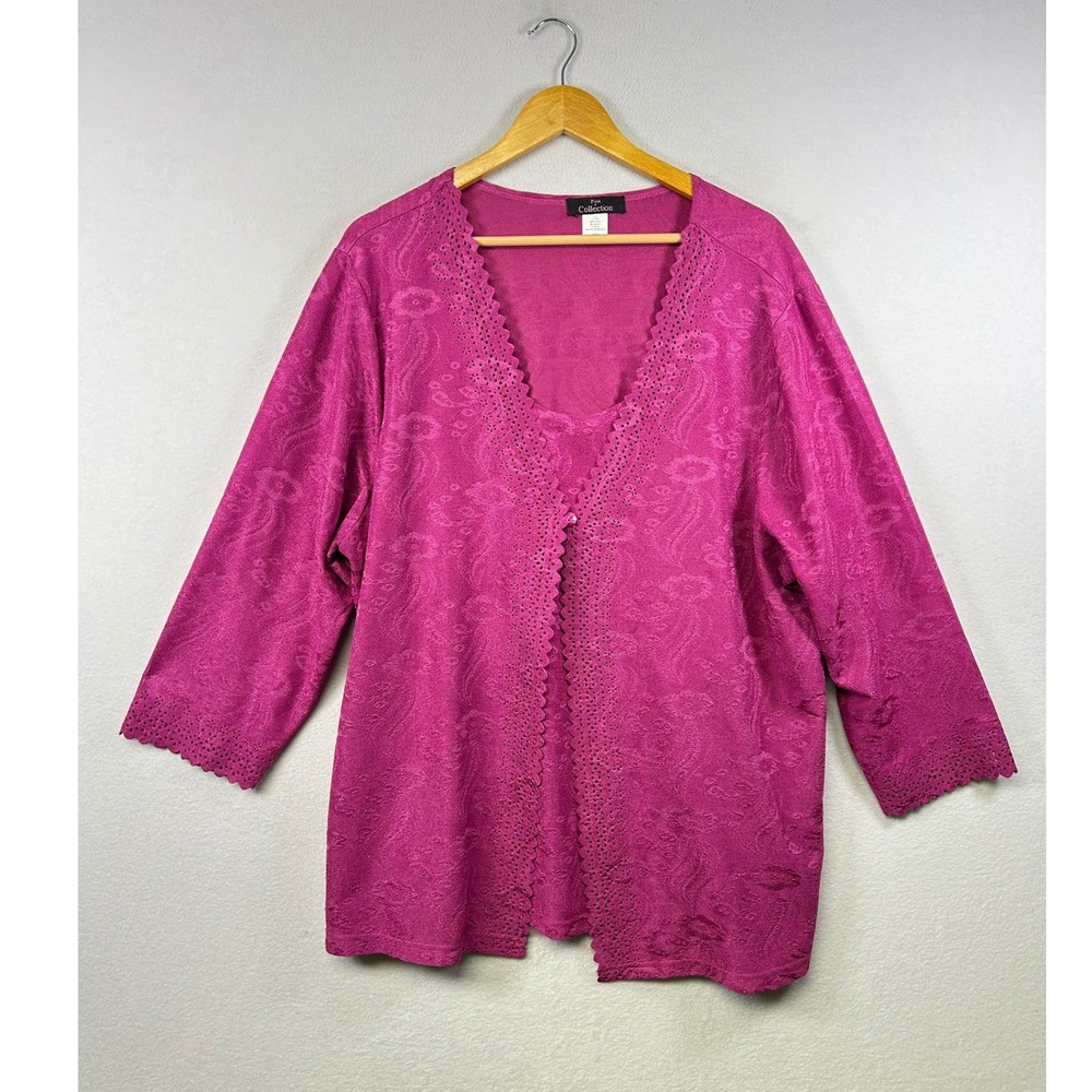 Pink‎ Collection Women's 2X Paisley Lace Trim Open Front Cardigan